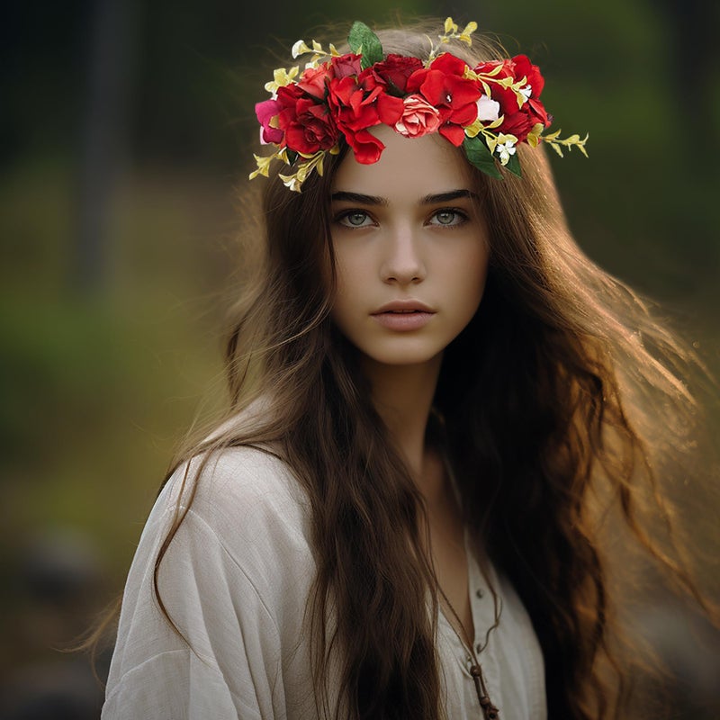 Vivivalue Rose Flower Crown Boho Flower Headband Hair Wreath Floral Headpiece Halo with Ribbon Wedding Party Festival Photos Red - Image 5